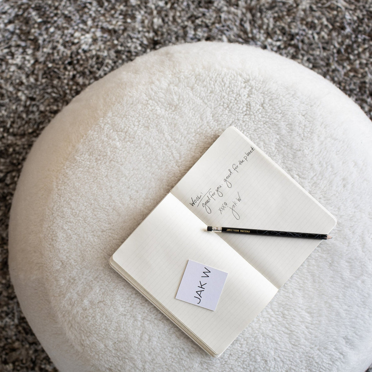 Shearling Pouf Demo Bensen 26"D x 16.5"H White Shearling Wool 