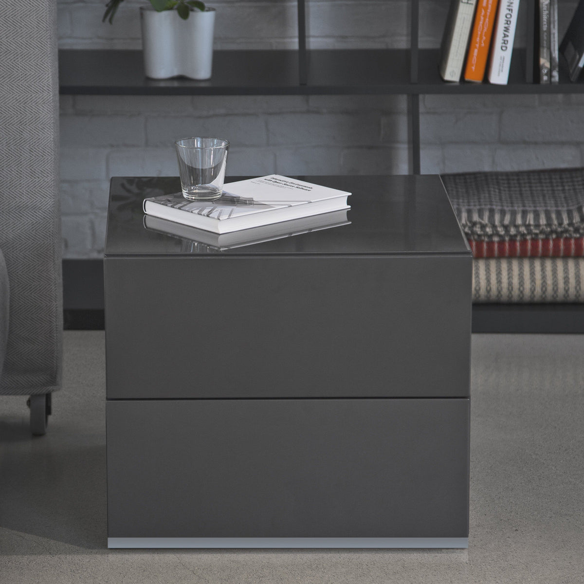 Brix Storage Demo Bensen 39”W x 19.5”D x 26.5”H Charcoal Gloss Lacquer Fin Leg Gunmetal