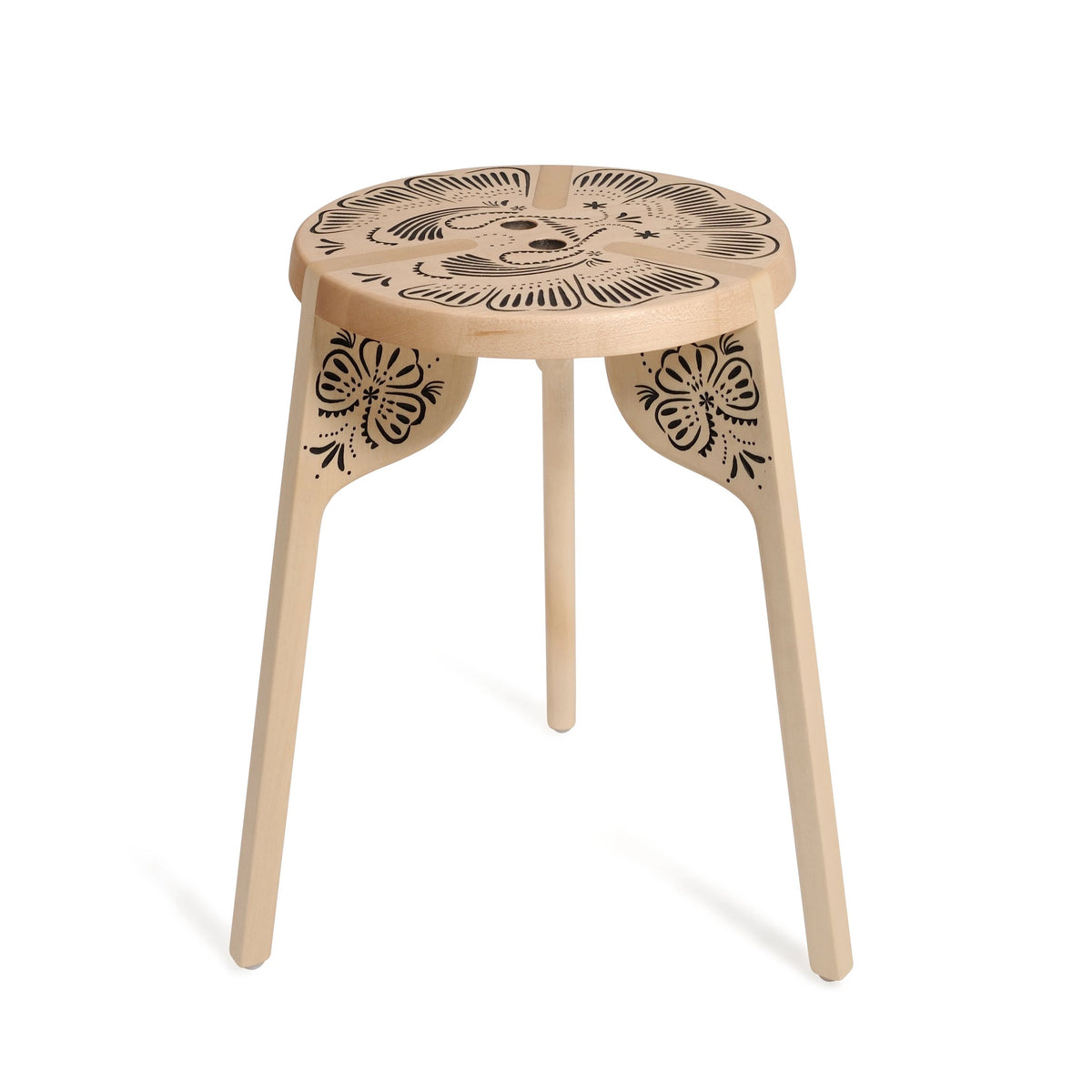 Tattoo Stool Folk Stool Zanat 12" Diameter x 17.5" H Maple White Oil 