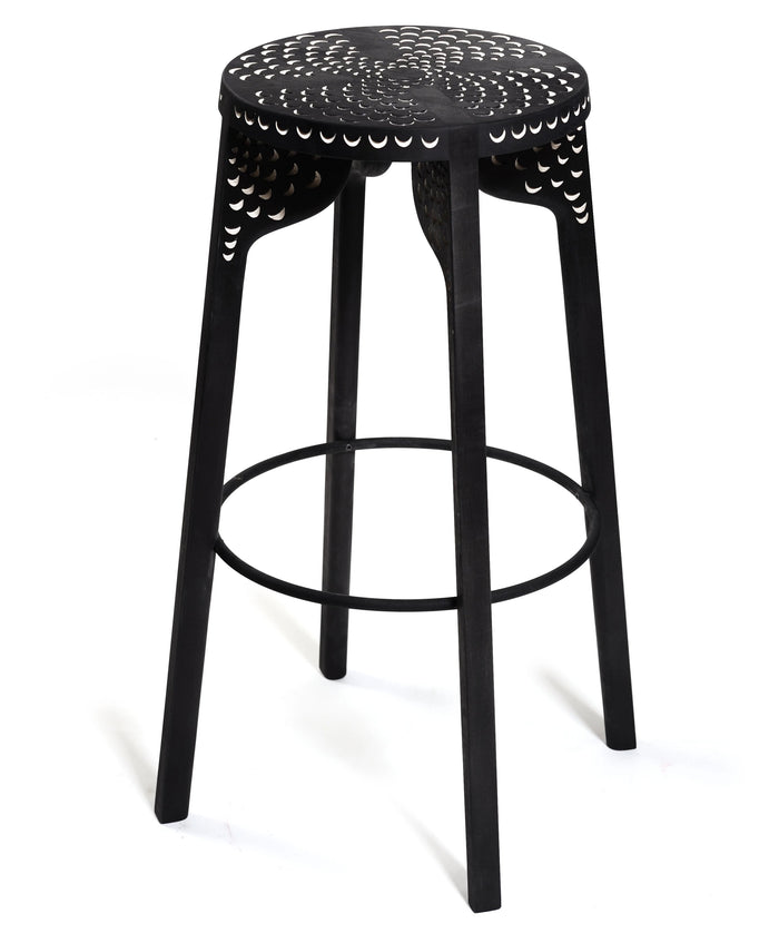 Tattoo Barstool Carved Stool Zanat 12.5" D x 23.5" H Maple Black Stain Peacock