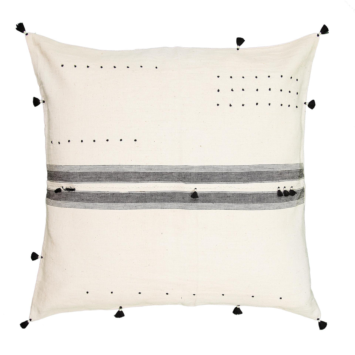 White w/ Black Stripe & Tassels Pillow Cover Throw Pillow Injiri   