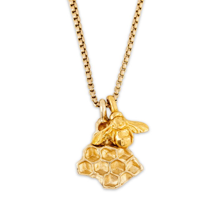 Gold Plated Honey Bee & Honeycomb Pendant Necklace Samuel Valensky Jewelry   